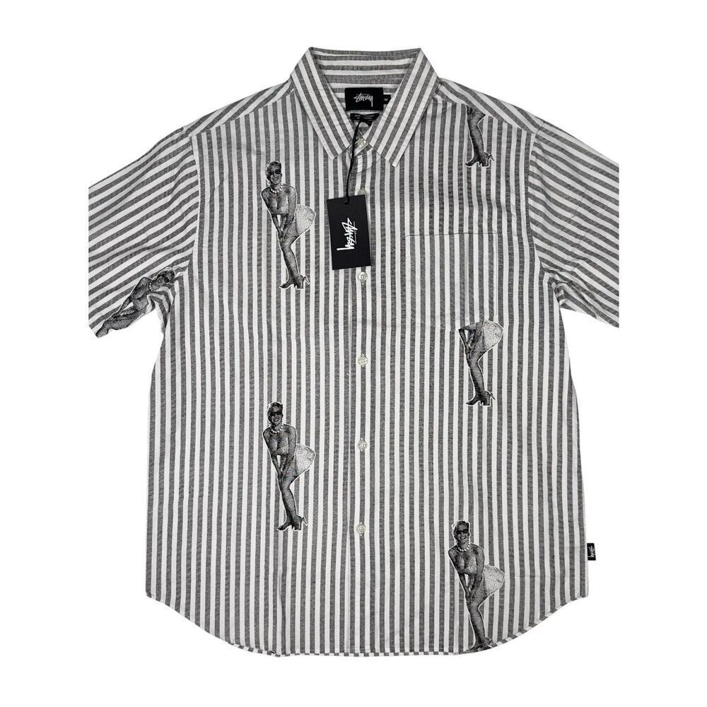 Stussy Button Down Short Sleeve Pin Up Girl Striped Shirt Mens Size M 2015